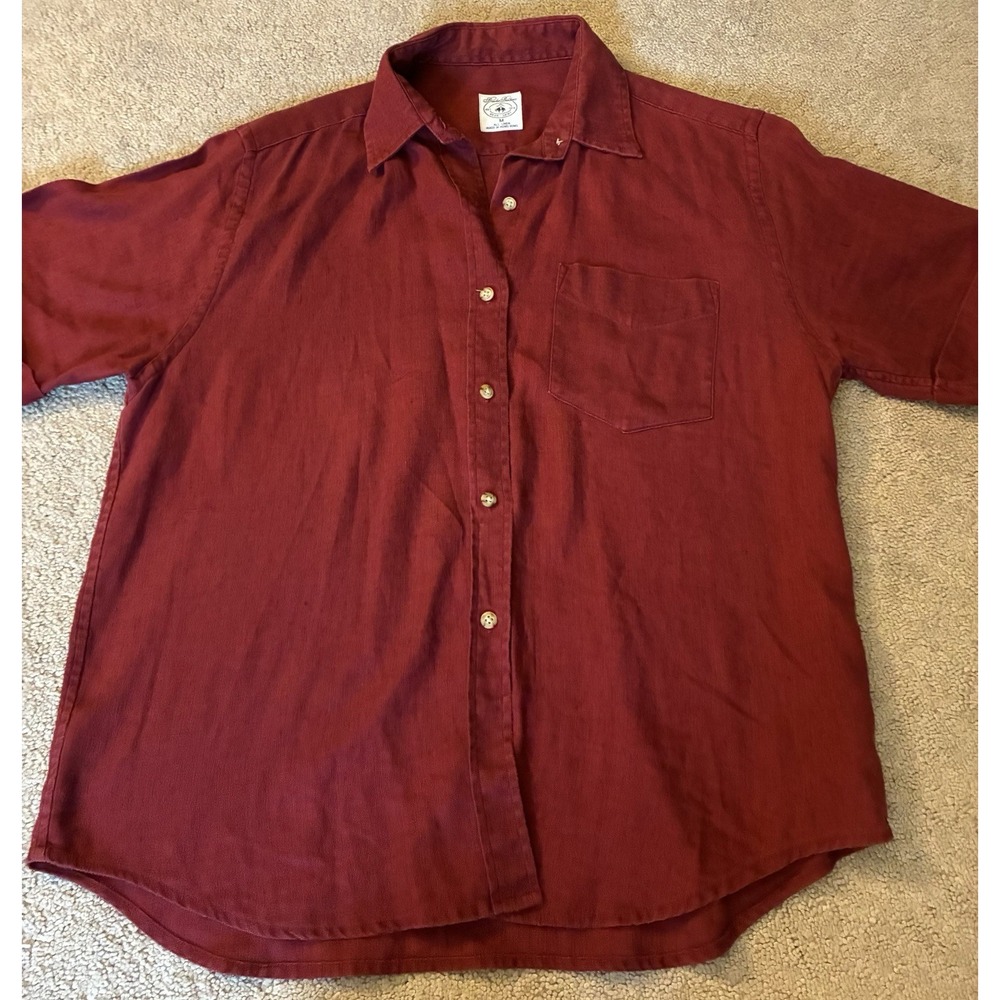Brooks Brothers Shirt Mens Medium Red Linen Regent Fit Button Down Short Sleeve